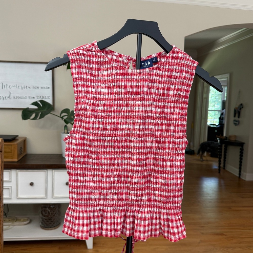 Gap Red White Gingham Smocked Peplum Sleeveless Top Tie Back Small Feminine